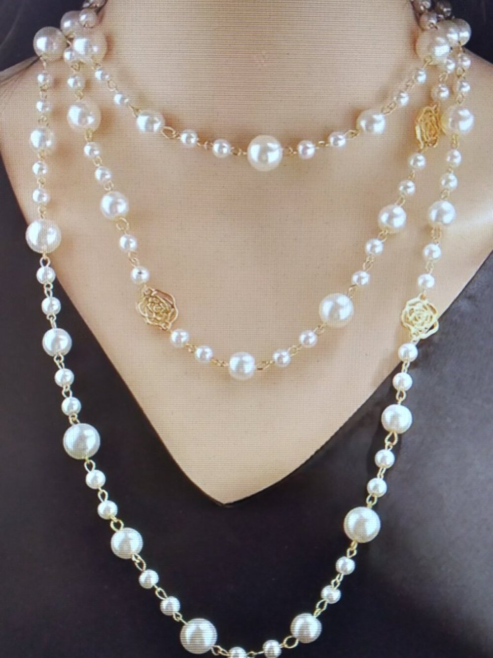 Elegant Stylish Women's Long Necklace ,Faux Imitation Pearl, Made in Italy